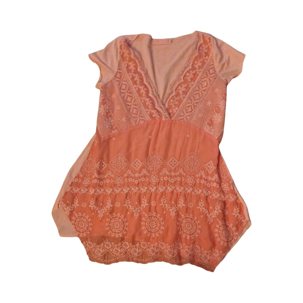 Johnny Was Coral Pink Embroidered Lace Mesh Boho V-Neck Tunic‎ Top Small